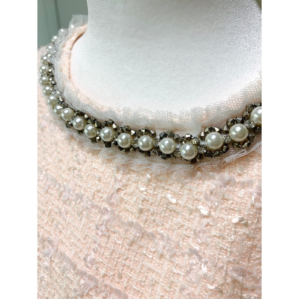 Vintage Betsey Johnson Pink Bouclé Tweed Shift 4 Pearl Rhinestone Mini Dress - Picture 5 of 16